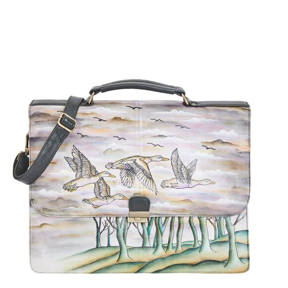 Women Hand-Painted Bird Artwork Leather Briefcase Crossbody Bag – Laptop Bag - Picture 1 of 6